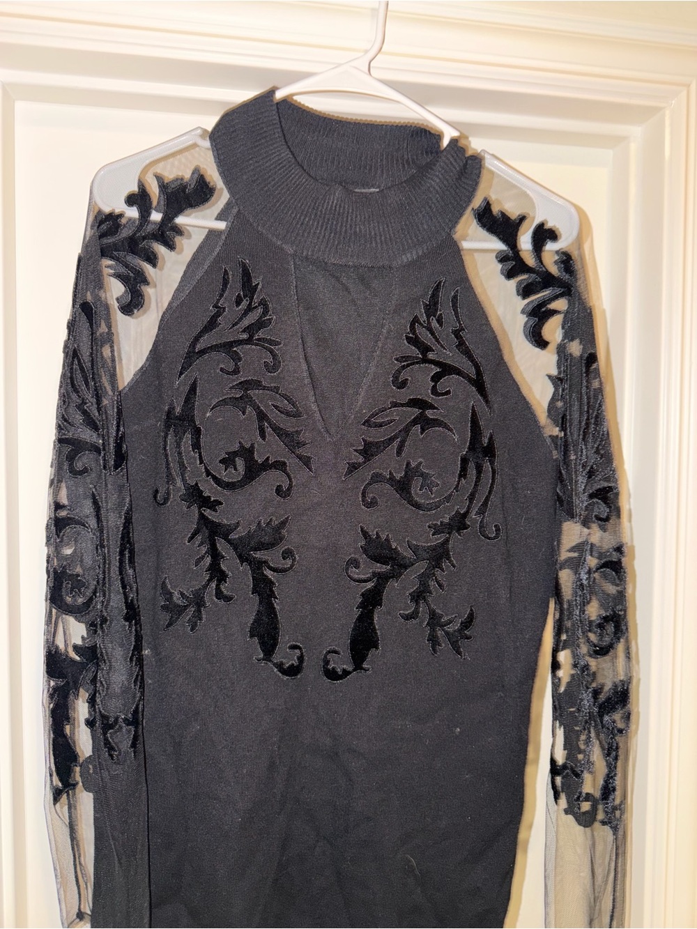 Black Mesh-Inset Sweater with Velvet Burnout Detail